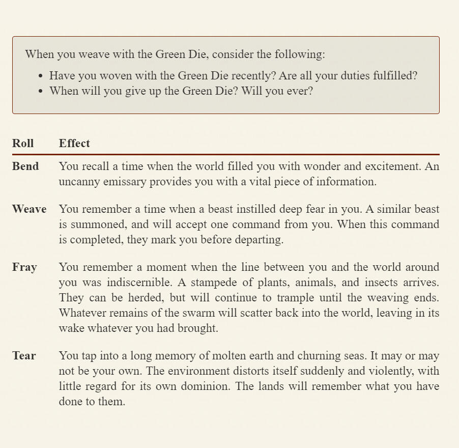 Text from the "Green Die" entry for Mnemonic, including resolution options for rolling the green die.