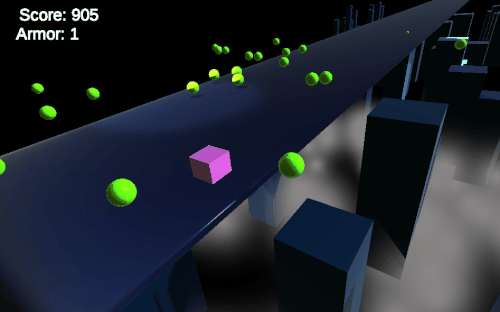 A pink cube navigates along a road around yellow orbs. The road also moves on command.